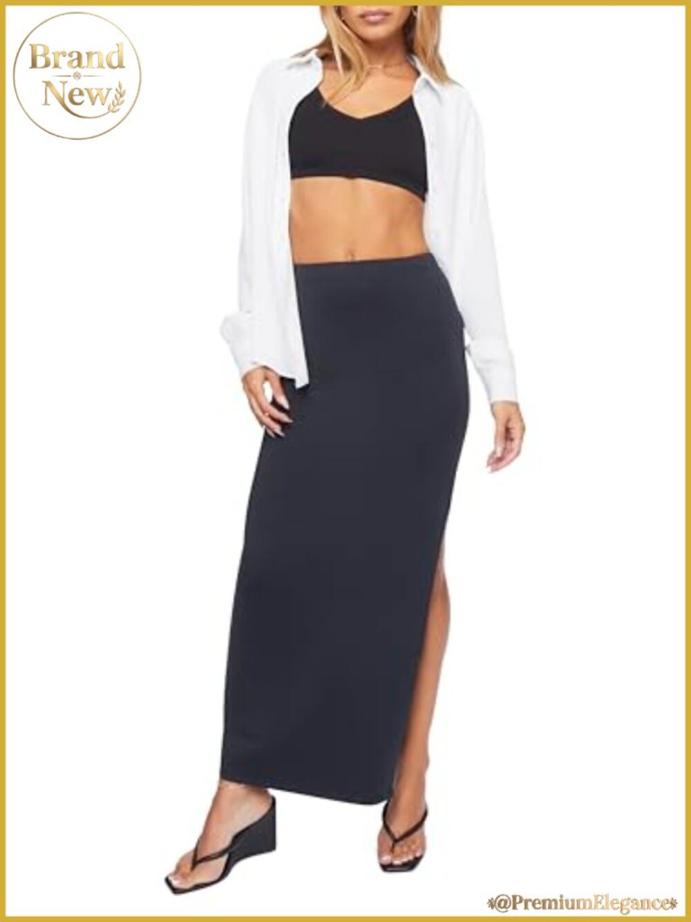 Women's Black High Waist Maxi Skirt with Side Slit